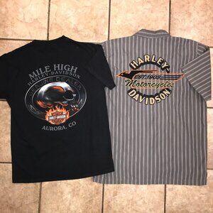 Men's Vintage Harley Davidson Button Work Shirt & Skull T-shirt-Size M